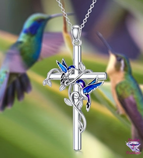 Double Blue Jay Cross Necklace