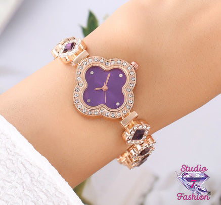 Purple Clover Rhinestone Watch