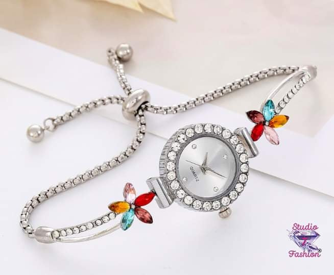 Multicolor Floral Silver Watch