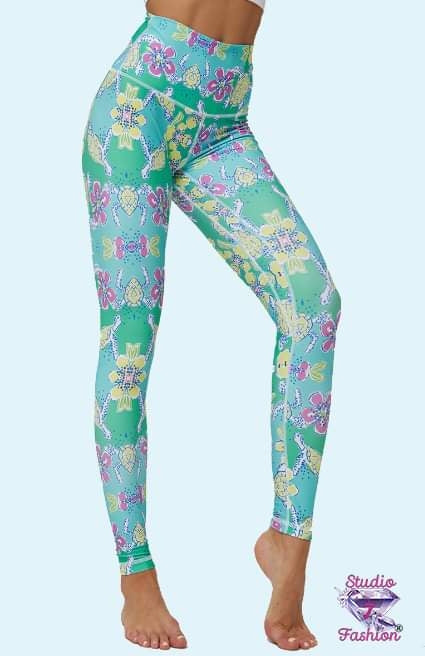 Floral Sea Turtle Green Leggings XL