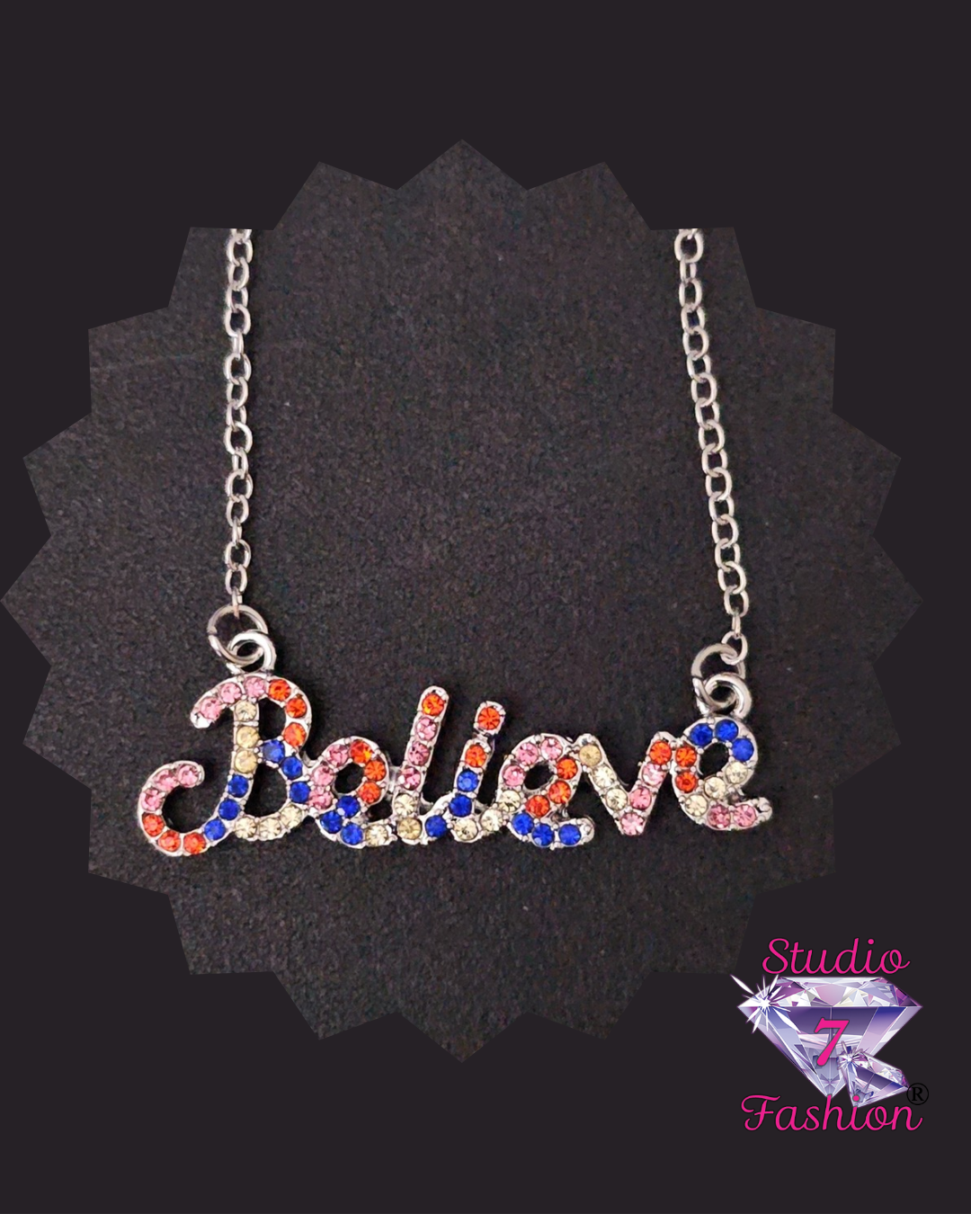 Multi-color Rhinestone Believe Necklace Silver