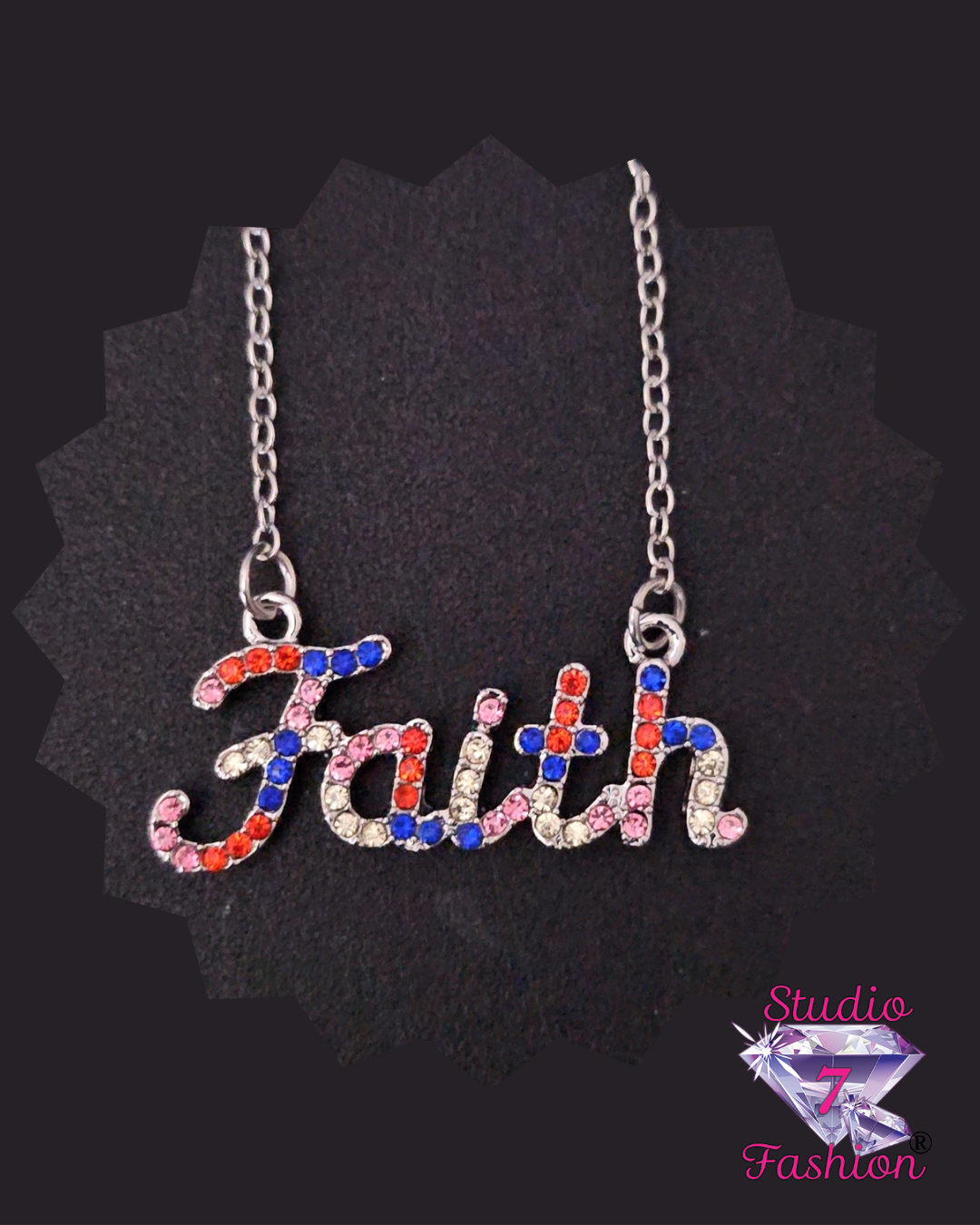 Multi-color Rhinestone Faith Necklace Silver