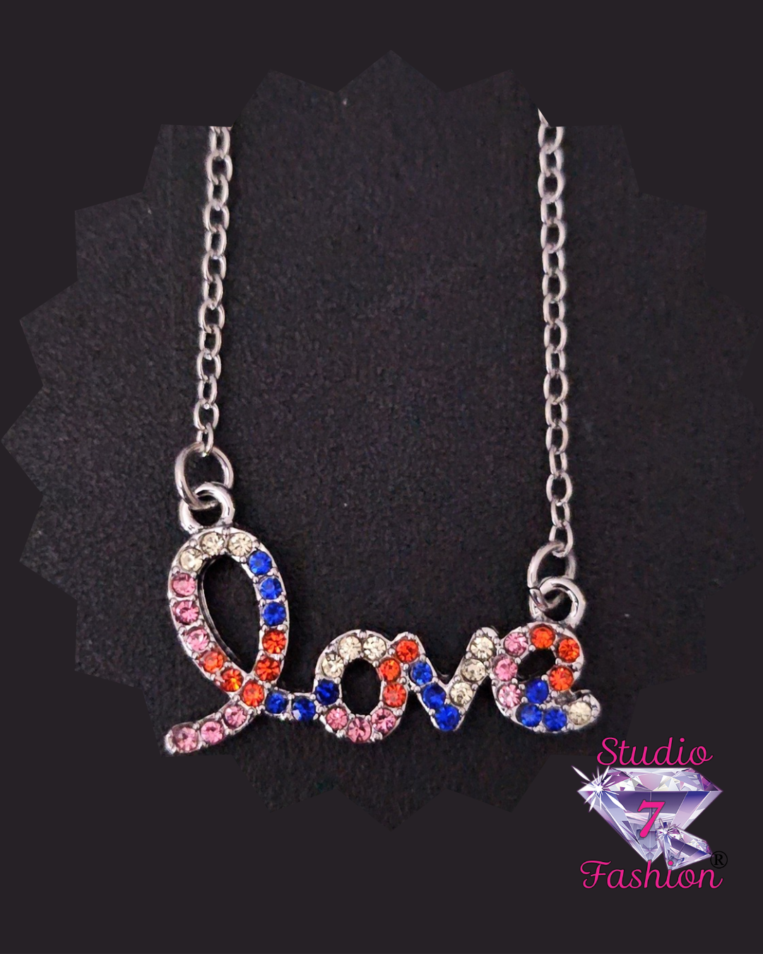 Multi-color Rhinestone Love Necklace Silver