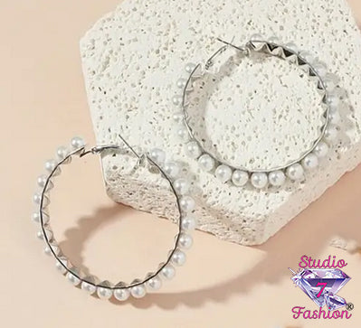 Silver Fancy Many Pearl Silver Hoop Earrings