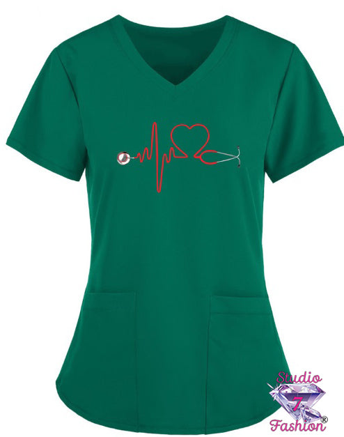 Heartbeat Stethoscope Scrub Top Green