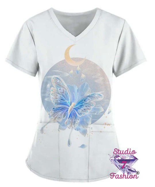 Over The Moon Butterfly Scrub Top