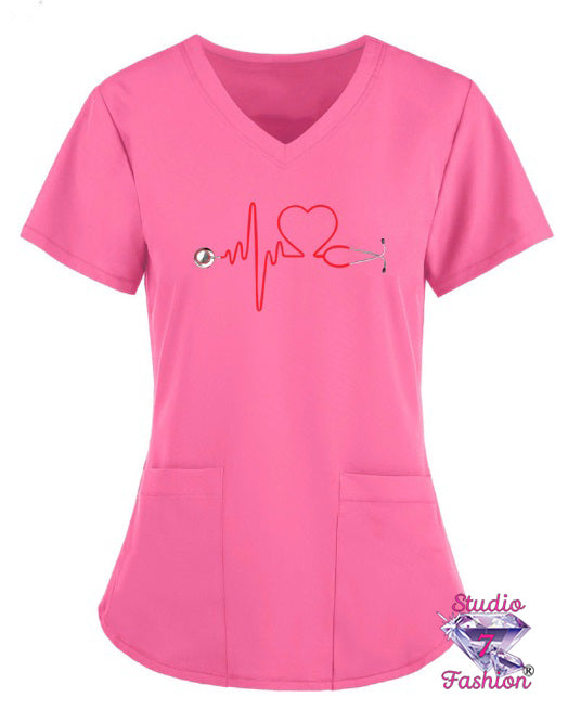 Heartbeat Stethoscope Scrub Top Pink