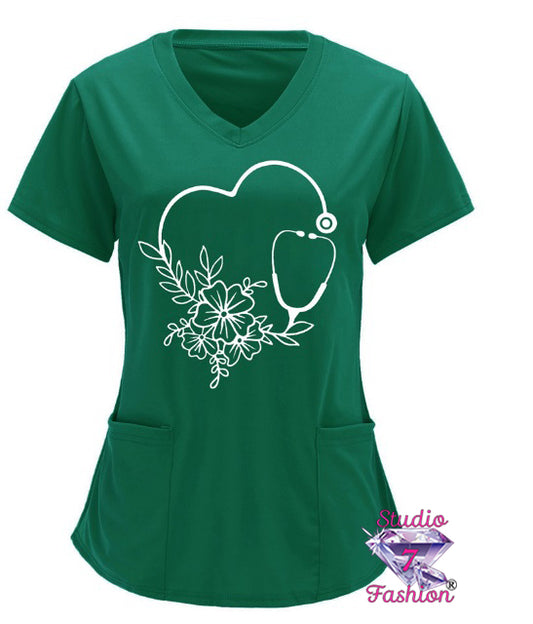 Floral Stethoscope Scrub Top Green