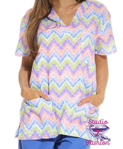 Pastel Zig Zag Scrub Top