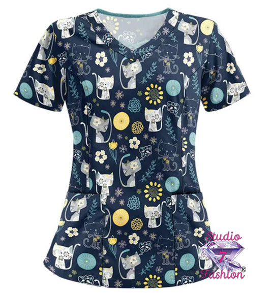 Kitten and Flowers Scrub Top