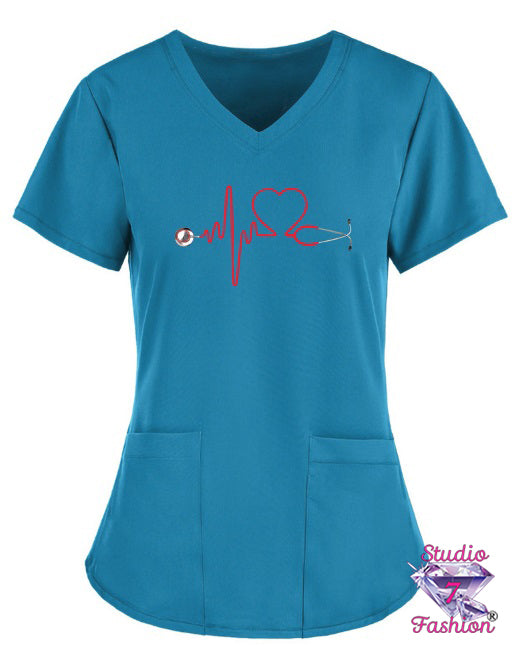 EKG Stethoscope Heart Blue Scrub Top