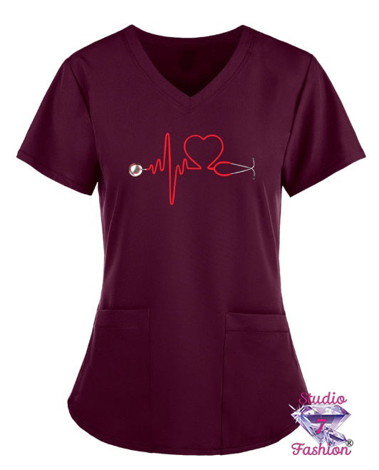 EKG Stethoscope Heart Burgundy Scrub Top