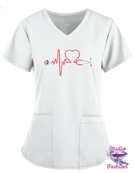 EKG Stethoscope Heart White Scrub Top