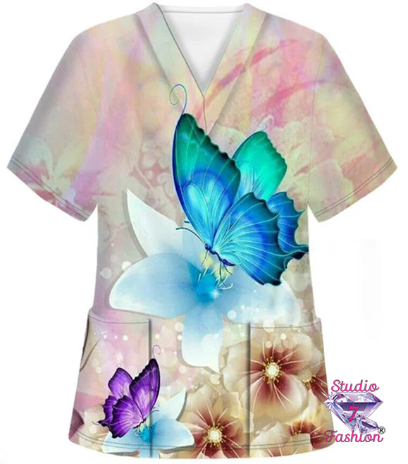 Floral Butterfly Scrub Top