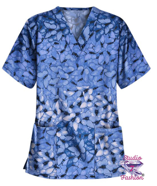 Butterfly Blue Scrub Top