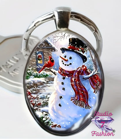 Happy Snowman and Cardinal Keychain