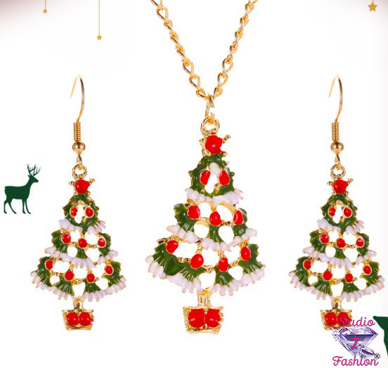 Festive Christmas Tree Necklace Earring Set