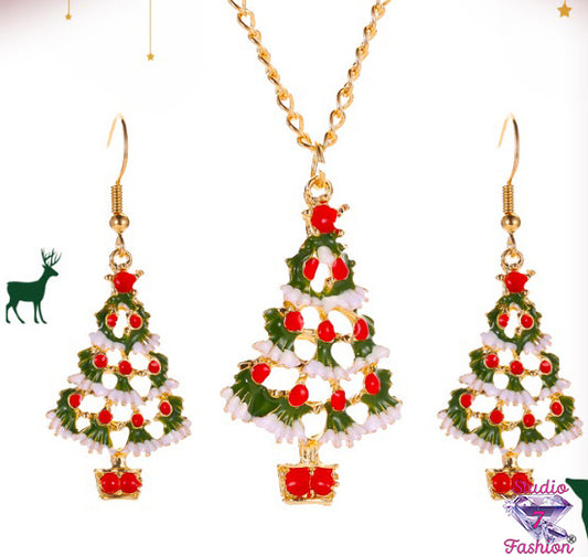 Festive Christmas Tree Necklace Earring Set