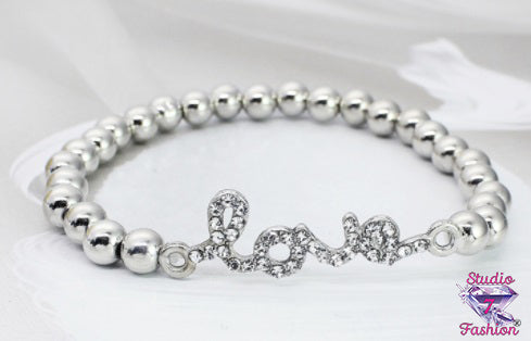 Love Silver Bead Rhinestone Bracelet