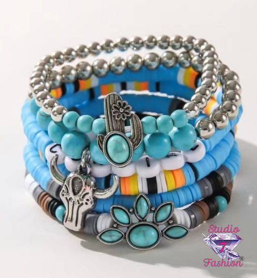 Southwest Turquoise Bloom Cactus Bracelet Set