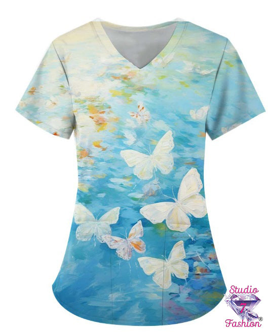 Watercolor Butterfly Scrub Top