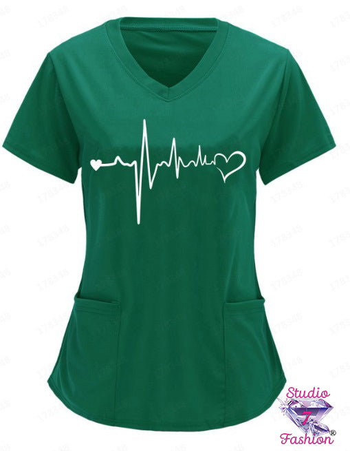 Double Heart Heartbeat Scrub Top Green