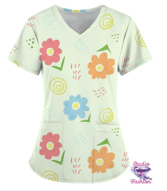 Playful Spring Floral Scrub Top