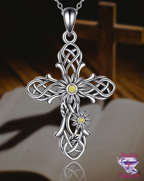 Sunflower Intertwined Cross Necklace