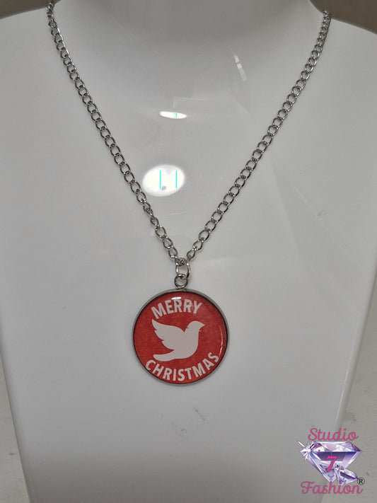 Merry Christmas Dove Necklace Red