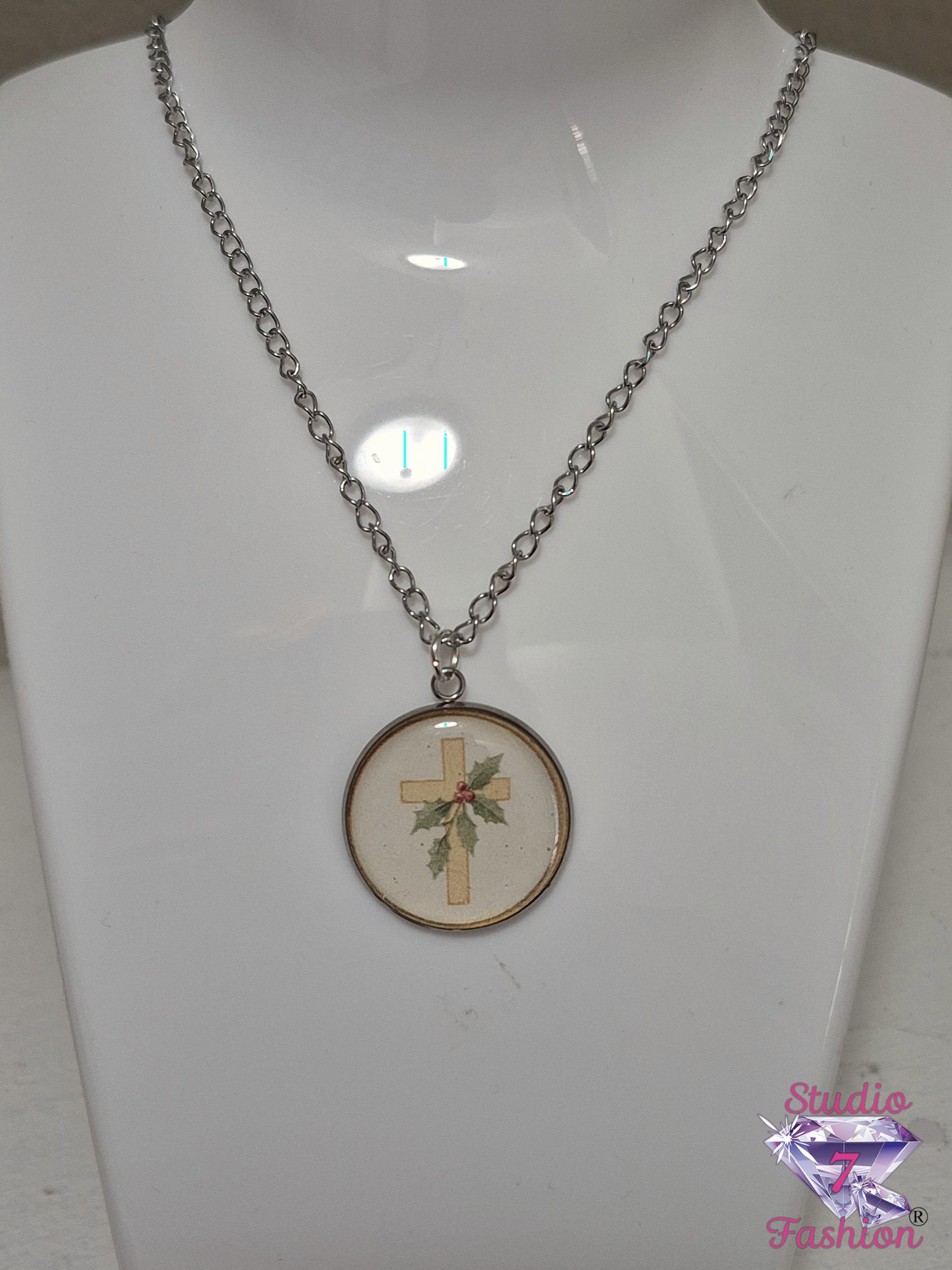 Holly Cross of Christmas Necklace
