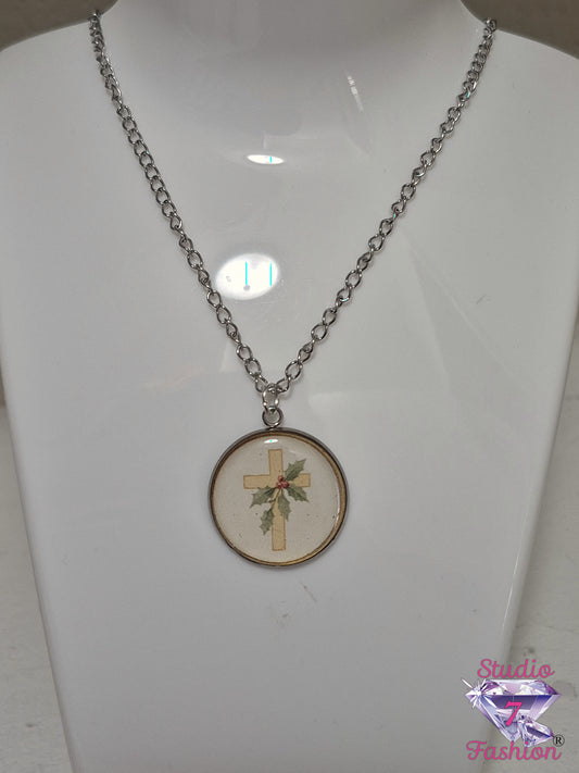 Holly Cross of Christmas Necklace