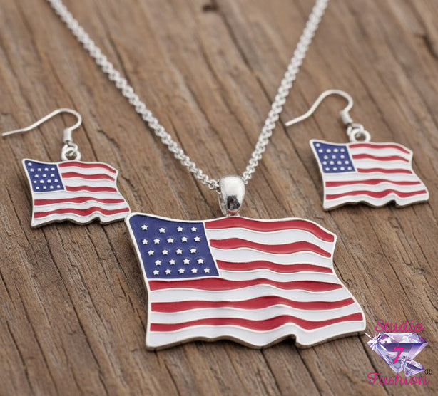 Waving USA Flag Necklace Earrings Set