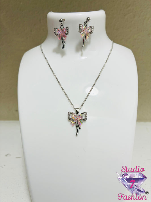 Iridescent Bows Necklace Earring Set